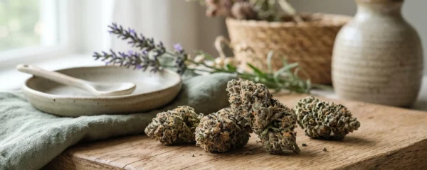 Fleurs de CBD séchées de qualité premium disposées sur une surface en bois naturel avec éléments botaniques.
