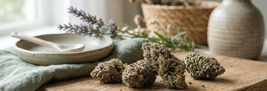 Fleurs de CBD séchées de qualité premium disposées sur une surface en bois naturel avec éléments botaniques.