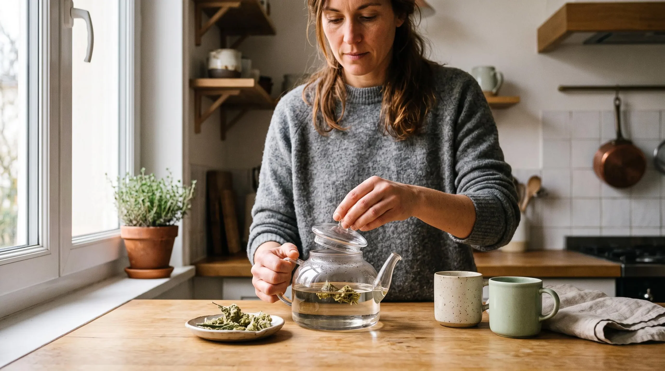 Mains préparant une infusion de fleurs de CBD dans une théière en verre sur un plan de travail de cuisine.