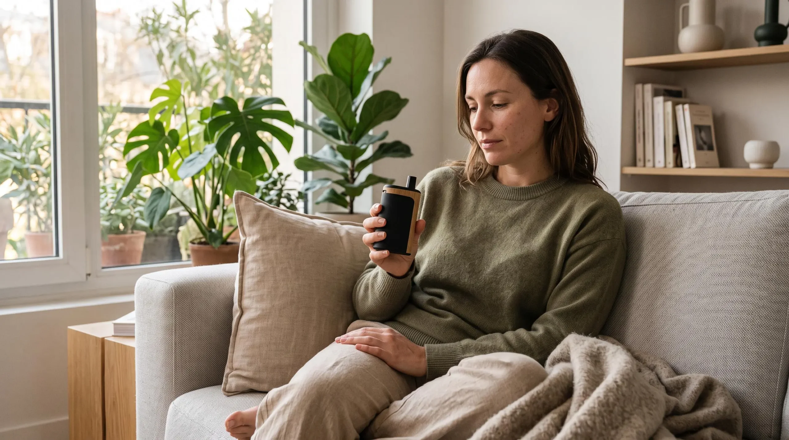 Personne utilisant un vaporisateur portable de CBD dans un cadre domestique apaisant près d'une fenêtre avec plantes.
